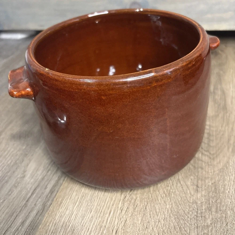 West‎ Bend Bean Pot Stoneware with Metal Lid Brown Glazed 2 QT 1950s USA Vintage